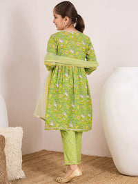 pspeaches Girls Ethnic Motifs Printed Angrakha Pure Cotton Kurta with Trousers & Dupatta
