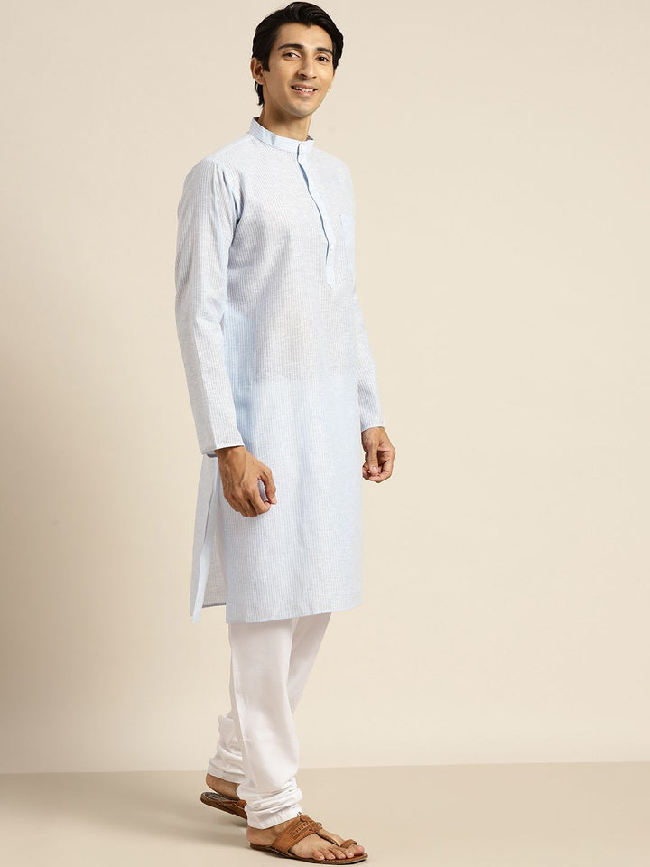 SOJANYA Lelaki Biru & Putih Pure Cotton Striped Kurta