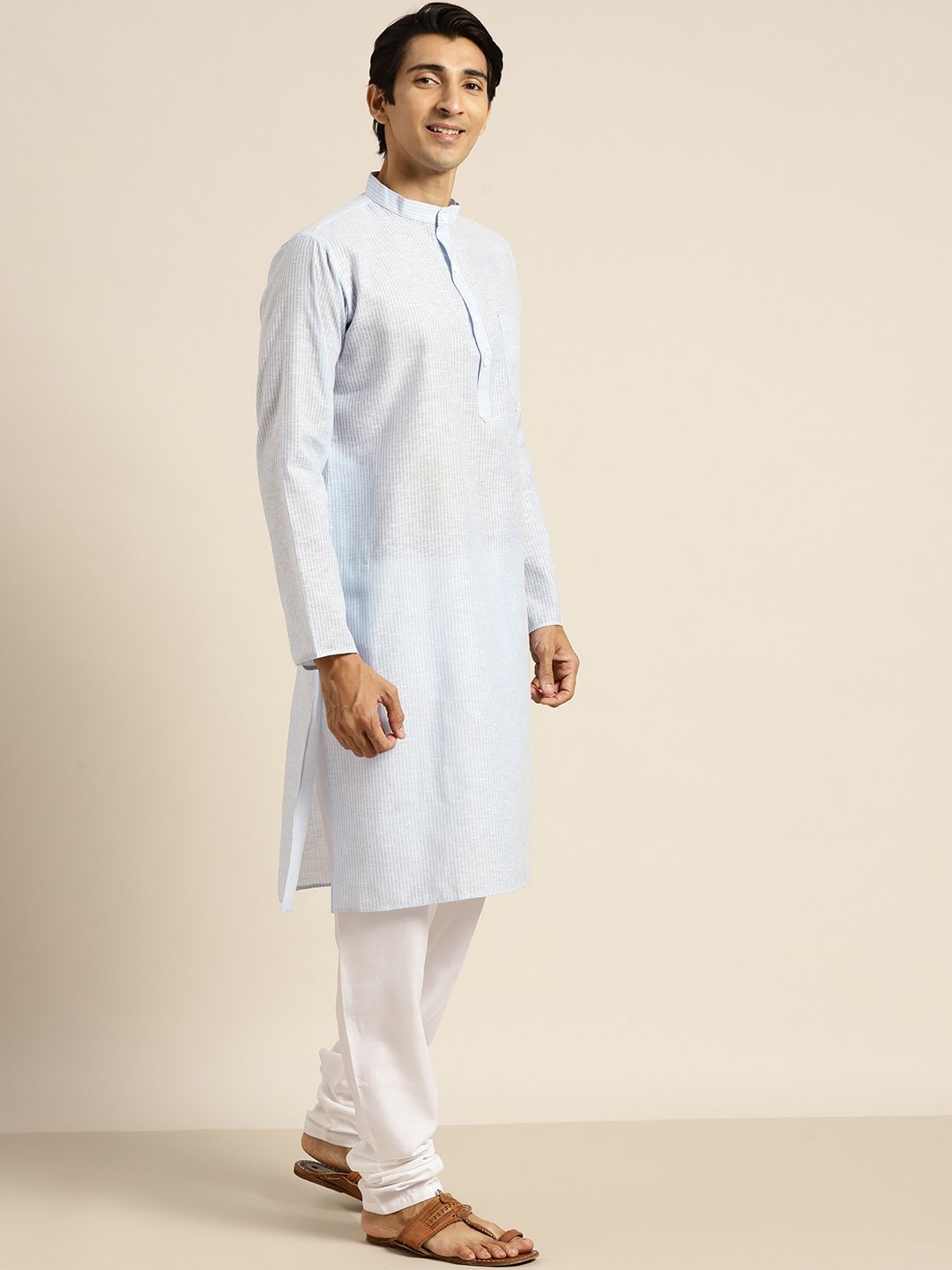 SOJANYA Lelaki Biru & Putih Pure Cotton Striped Kurta