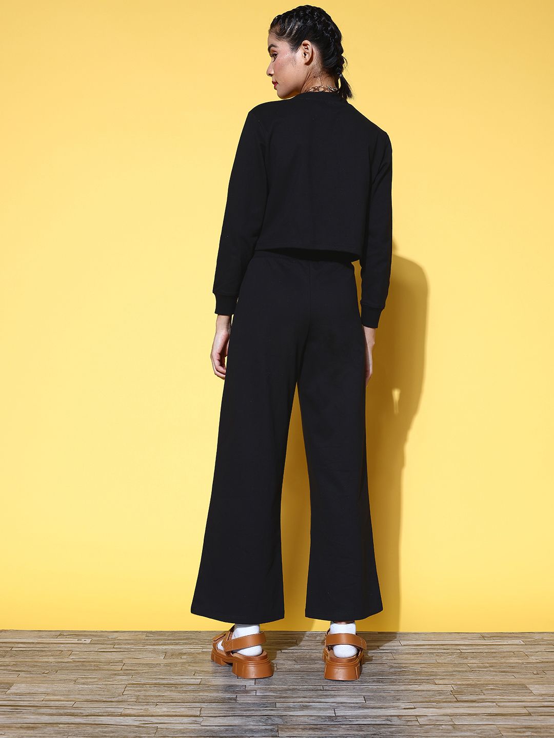 SASSAFRAS Women Classic Black Printed Sweatshirt with Solid Trousers