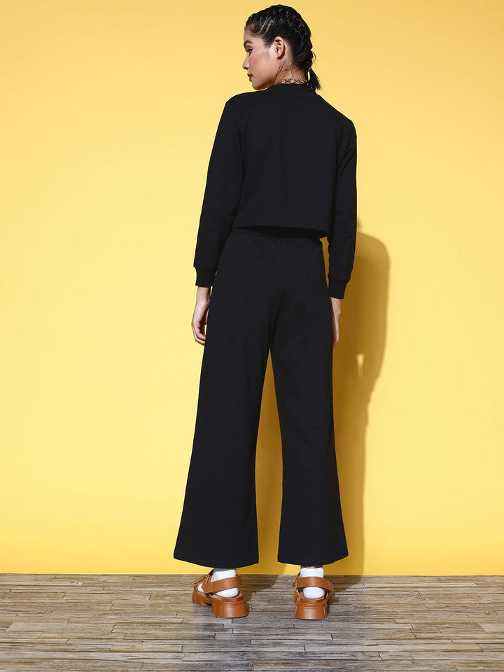 SASSAFRAS Women Classic Black Printed Sweatshirt with Solid Trousers