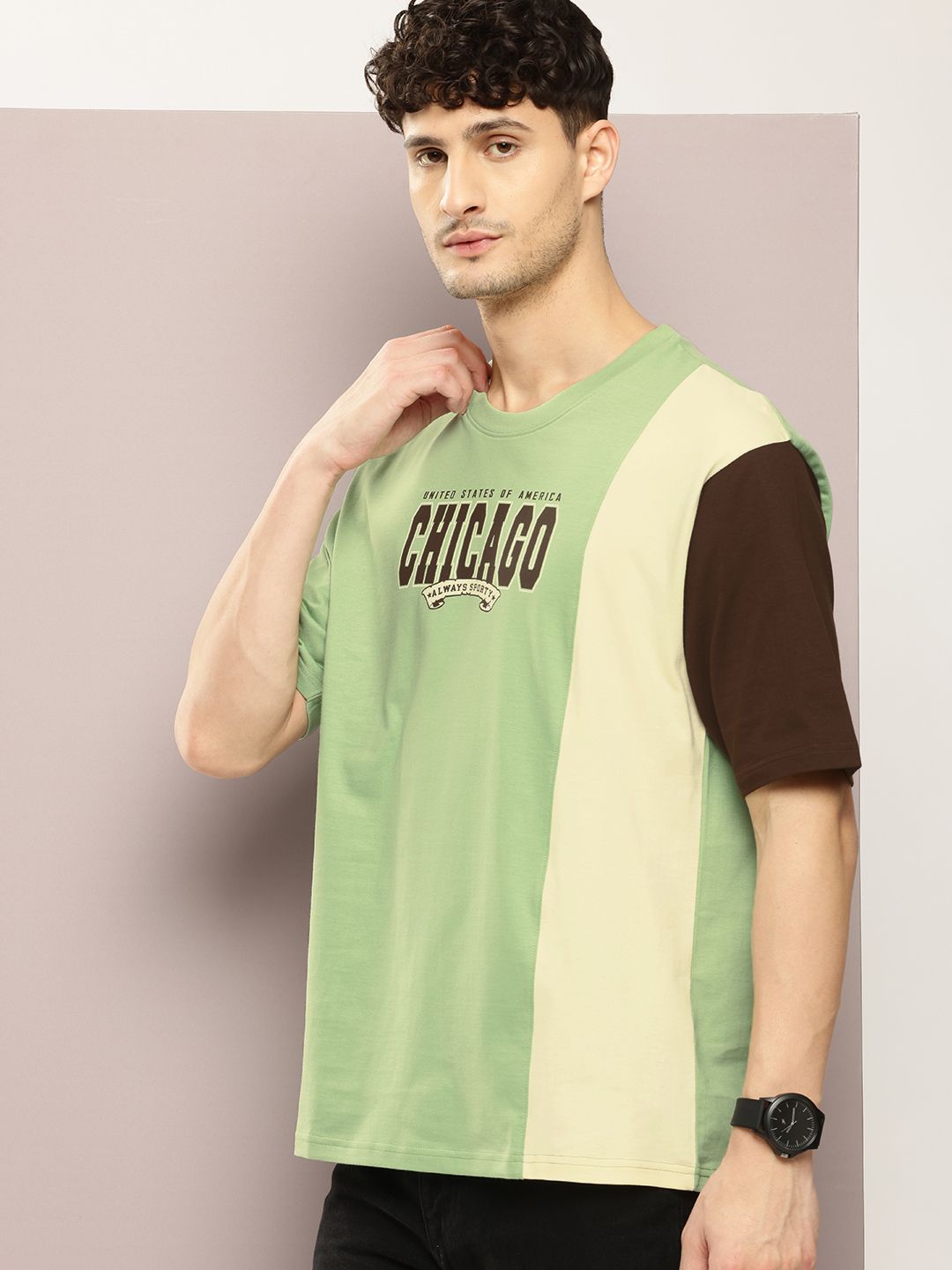 DILLINGER Men Typography Colourblocked Drop-Shoulder Sleeves Oversized Pure Cotton T-shirt