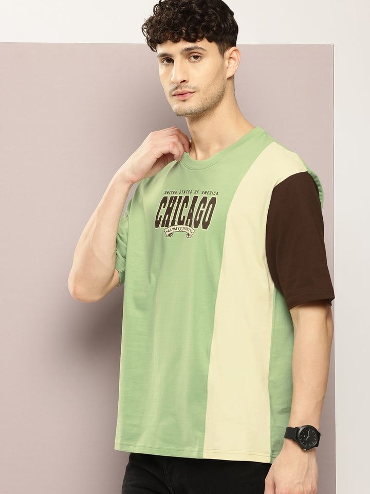DILLINGER Men Typography Colourblocked Drop-Shoulder Sleeves Oversized Pure Cotton T-shirt