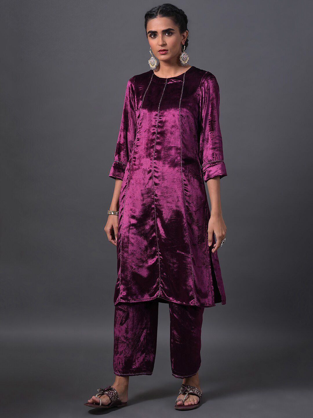 W Women Embroidered Velvet Kurta with Palazzos