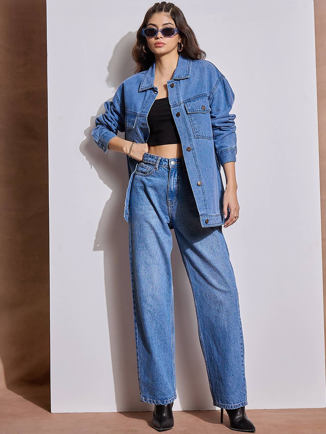 SASSAFRAS Women Spread Collar Solid Casual Denim Jacket