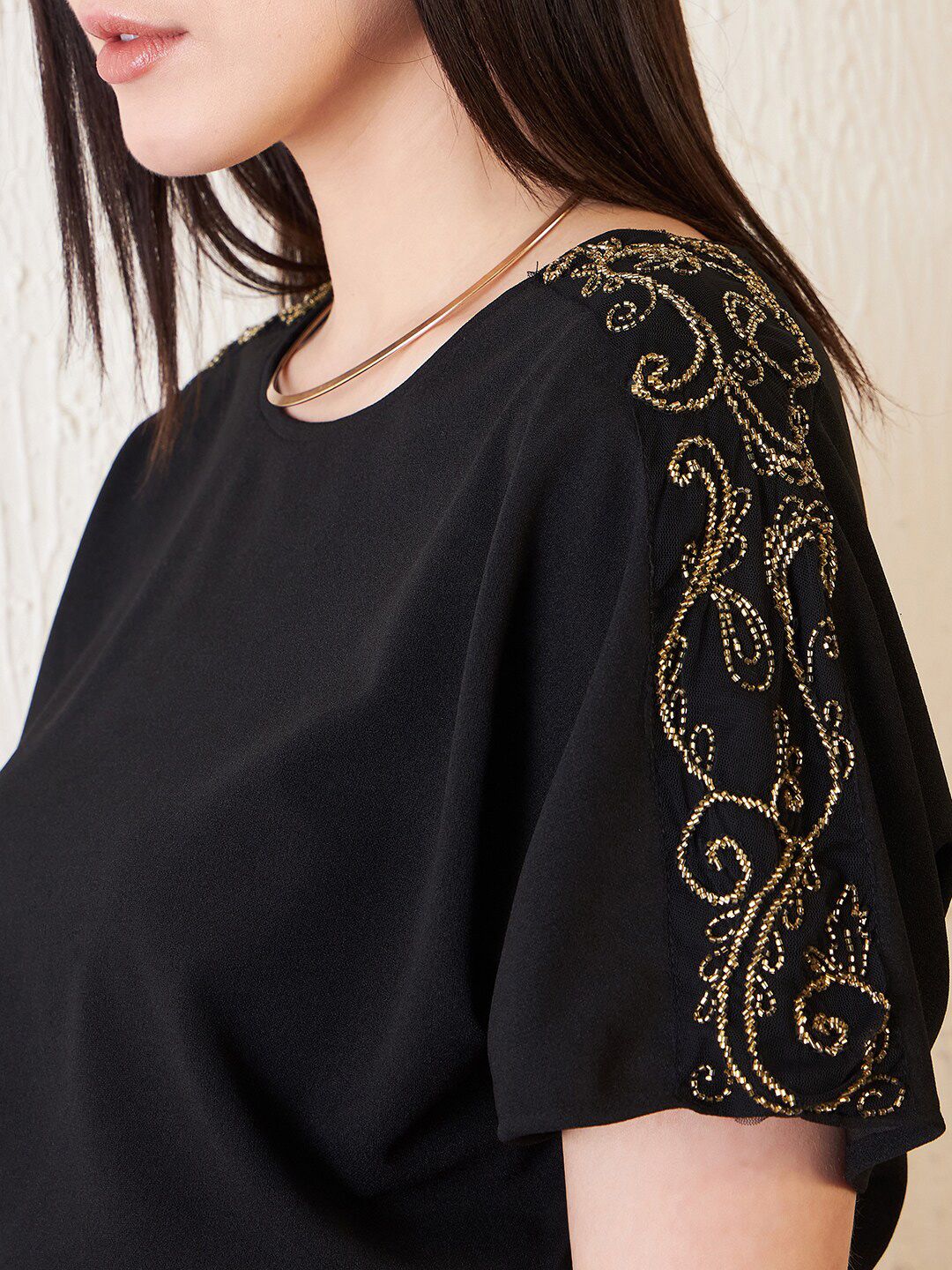 Antheaa Black Floral Embroidered Embellished Blouson Dress