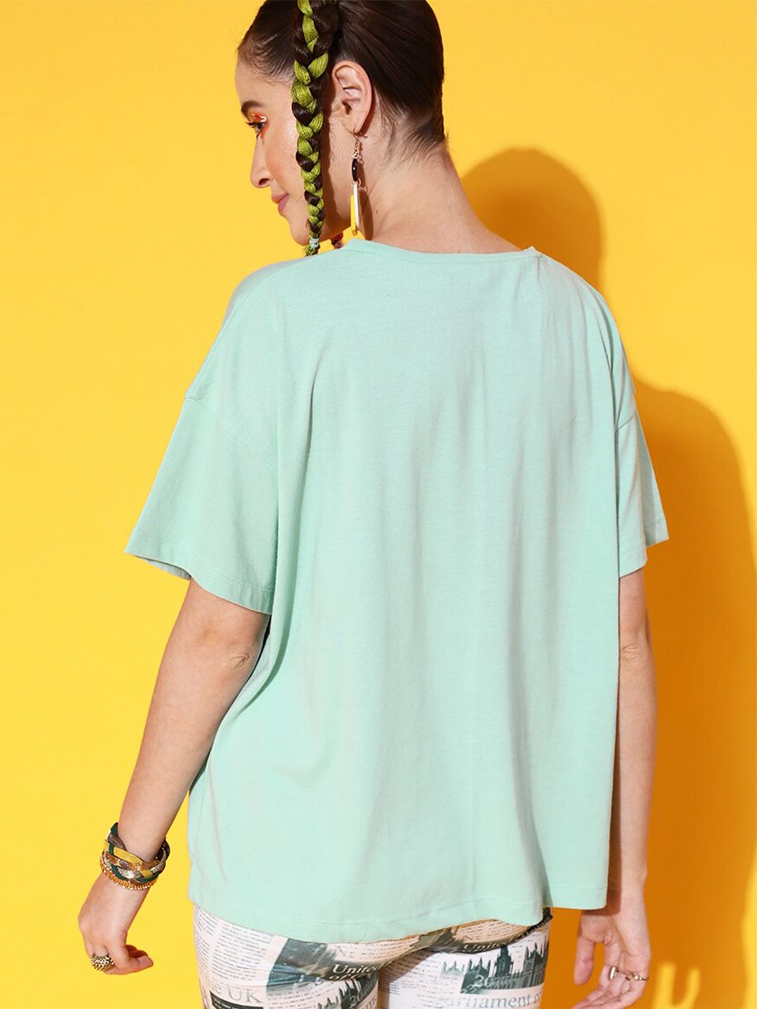 STREET 9 Women Sea Green Printed Cotton Drop-Shoulder Sleeves Bio Finish Oversized Pure Cotton T-shirt