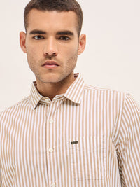 THE BEAR HOUSE Slim Fit Spread Collar Vertical Striped Pure Cotton Casual Shirt