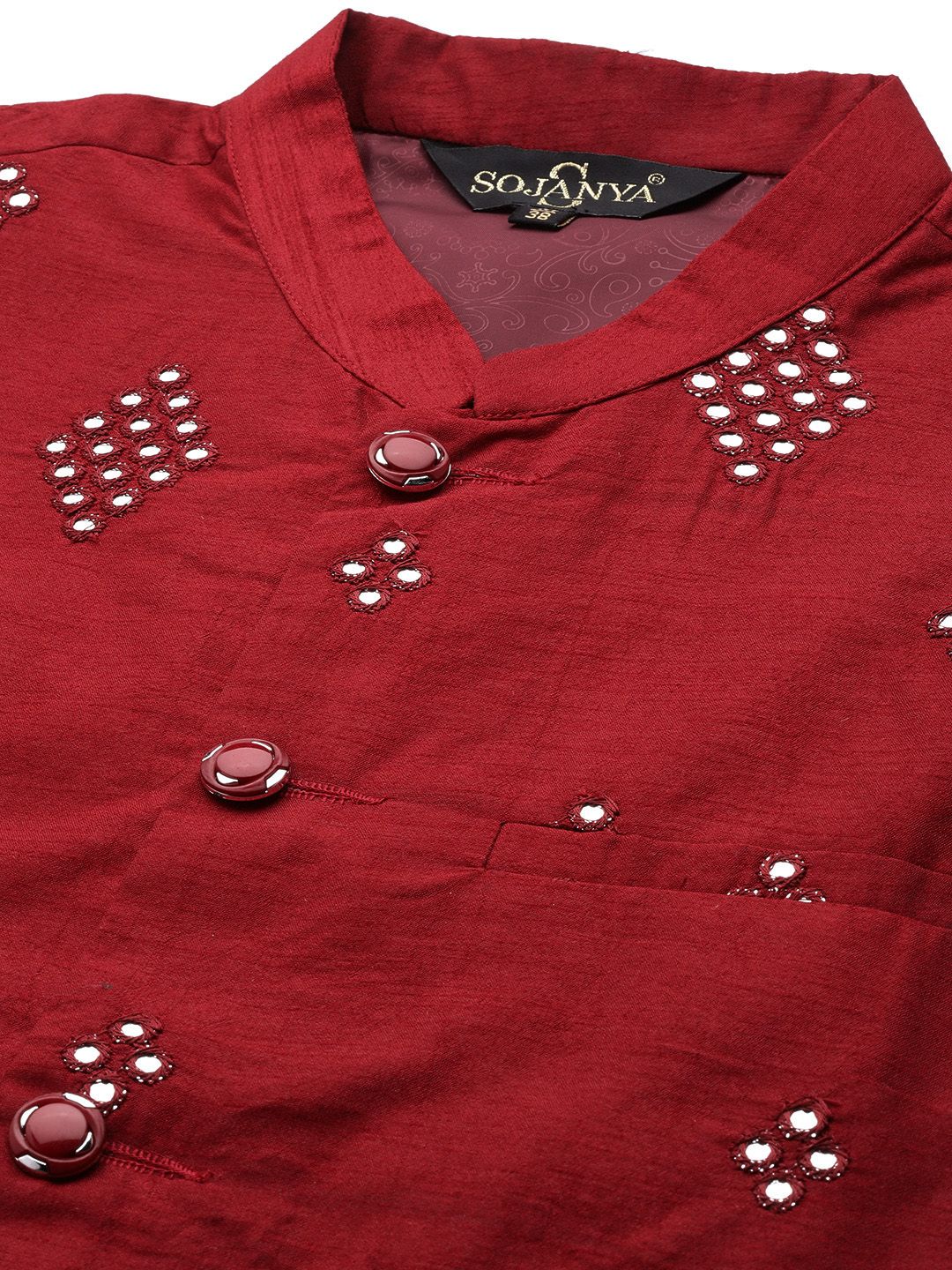 SOJANYA Men Maroon Embroidered Mirror Work Kurta with Churidar