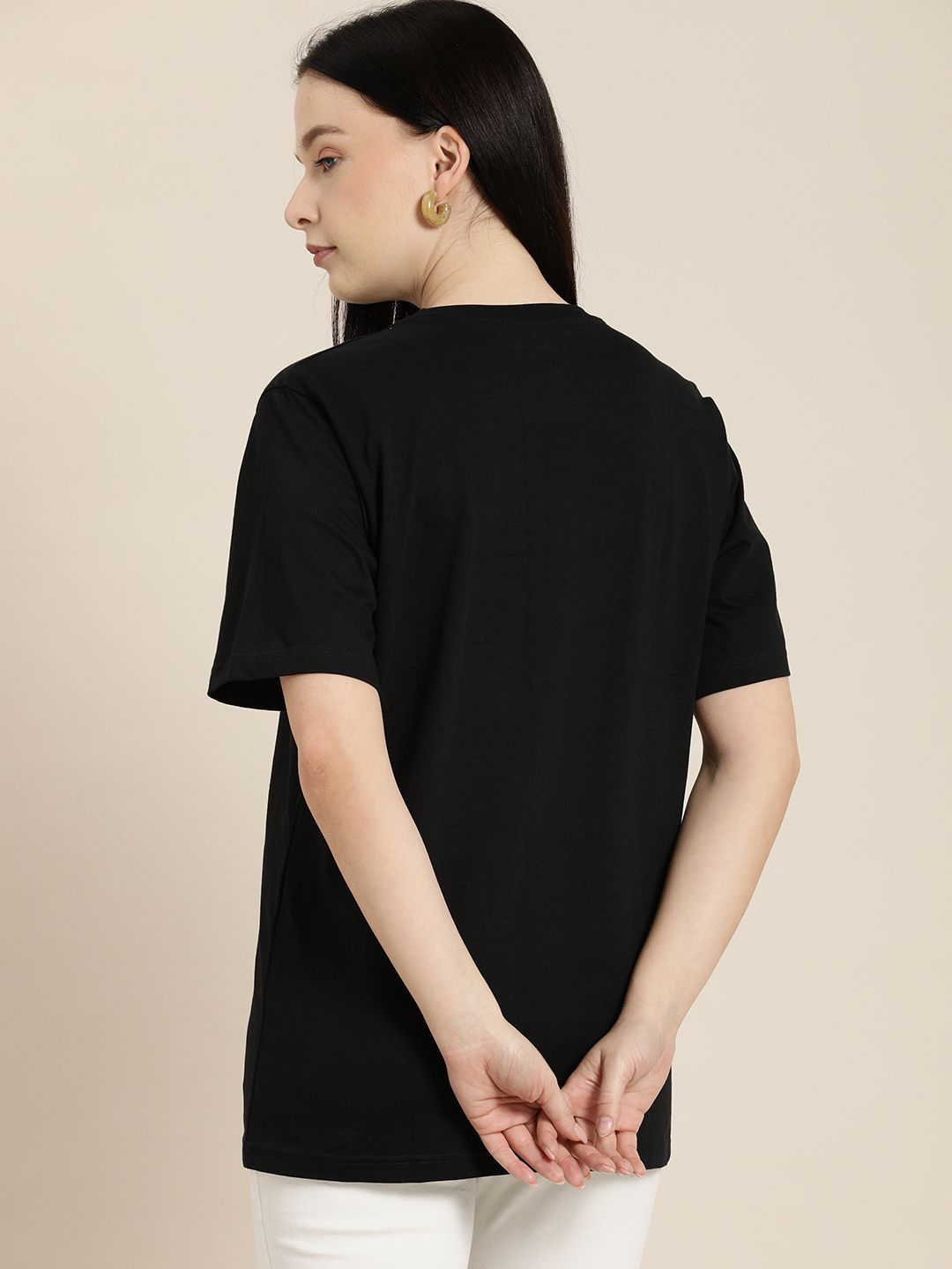 Difference of Opinion Women Black Printed Oversized Pure Cotton T-shirt