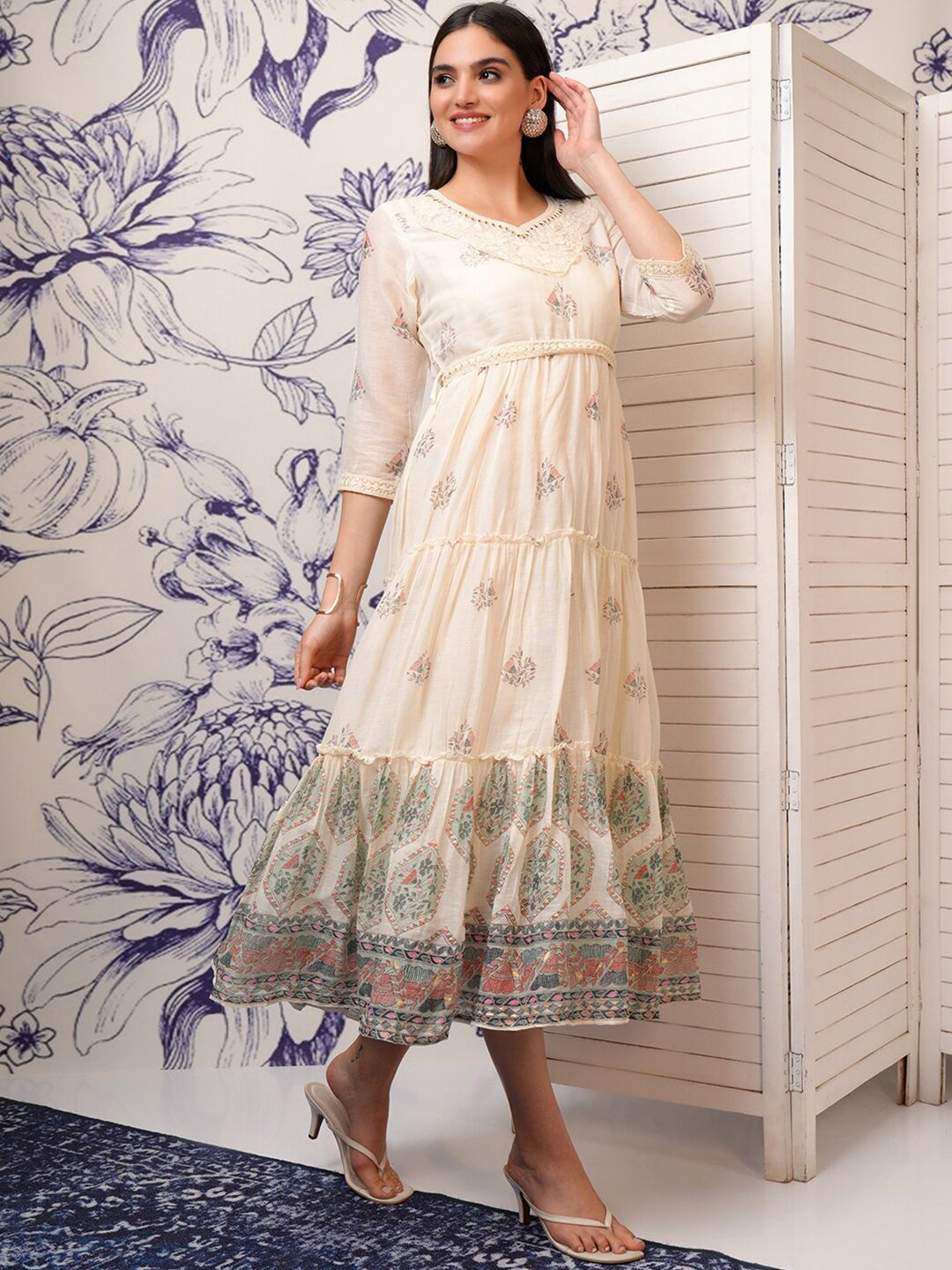 Vishudh White Printed Gathered Midi Fit & Flare Ethnic Dresses With Dupatta & Belt