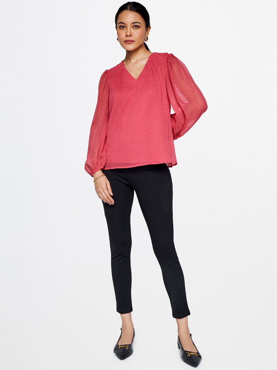 AND Self Design V-Neck Puff Sleeves Top