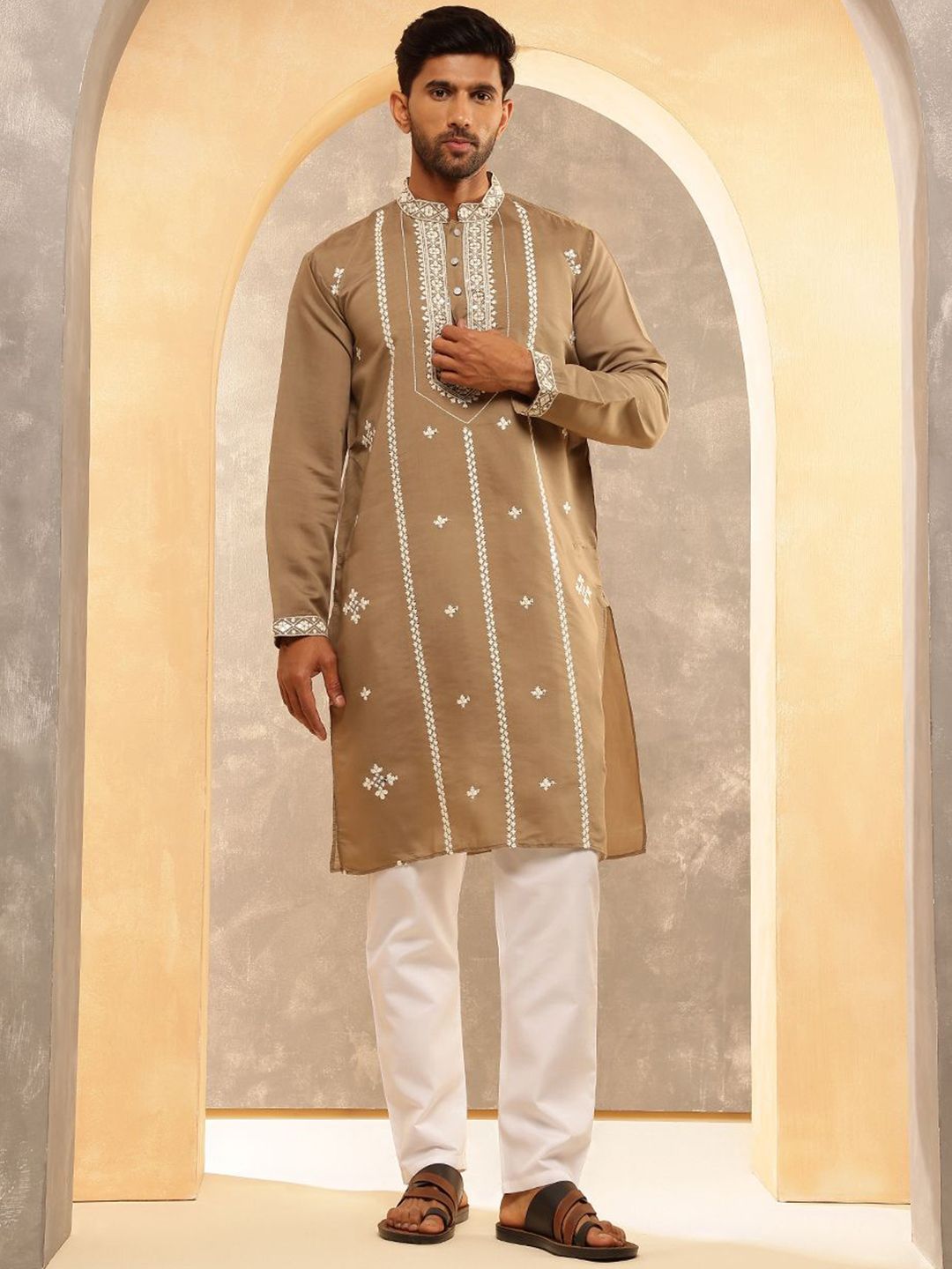 Anouk Geometric Embroidered Mirror Work Cotton Silk Straight  Kurta with Pyjamas