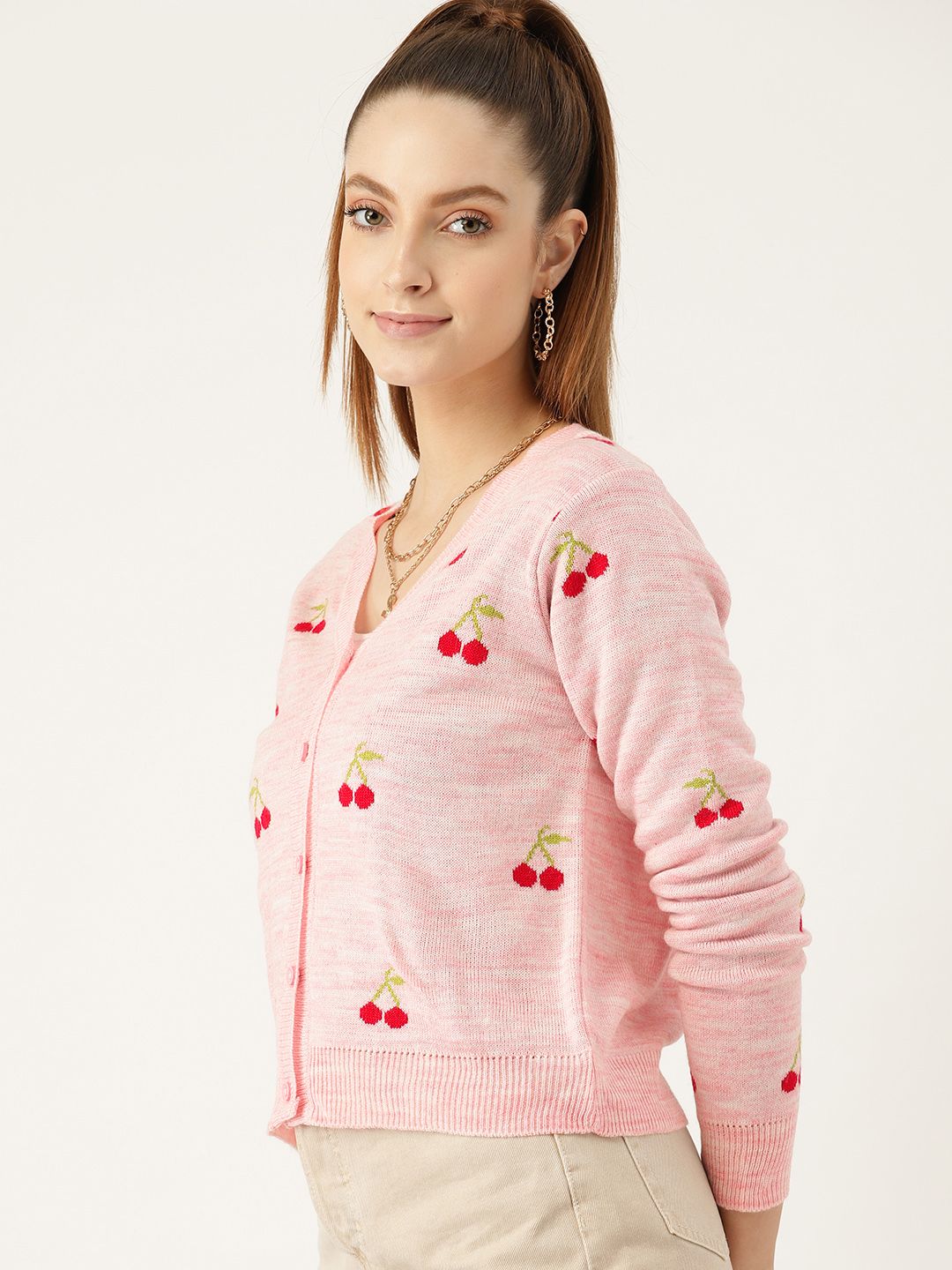 DressBerry Women Pink Self-Design Cardigan