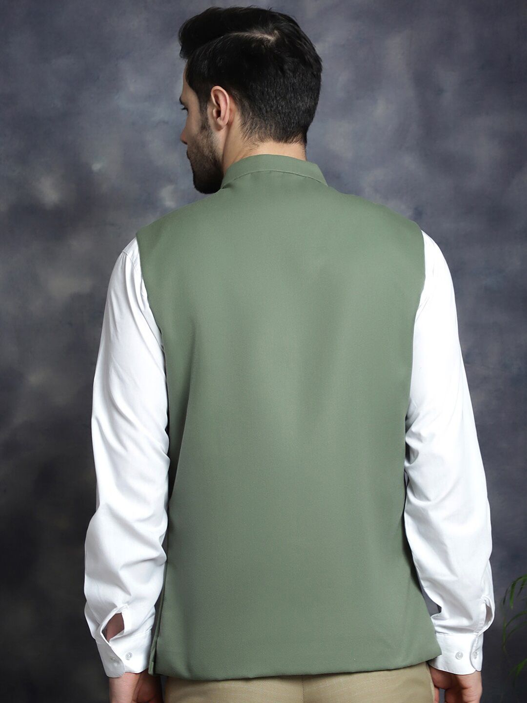 Anouk Green Mandarin Collar Woven Nehru Jacket