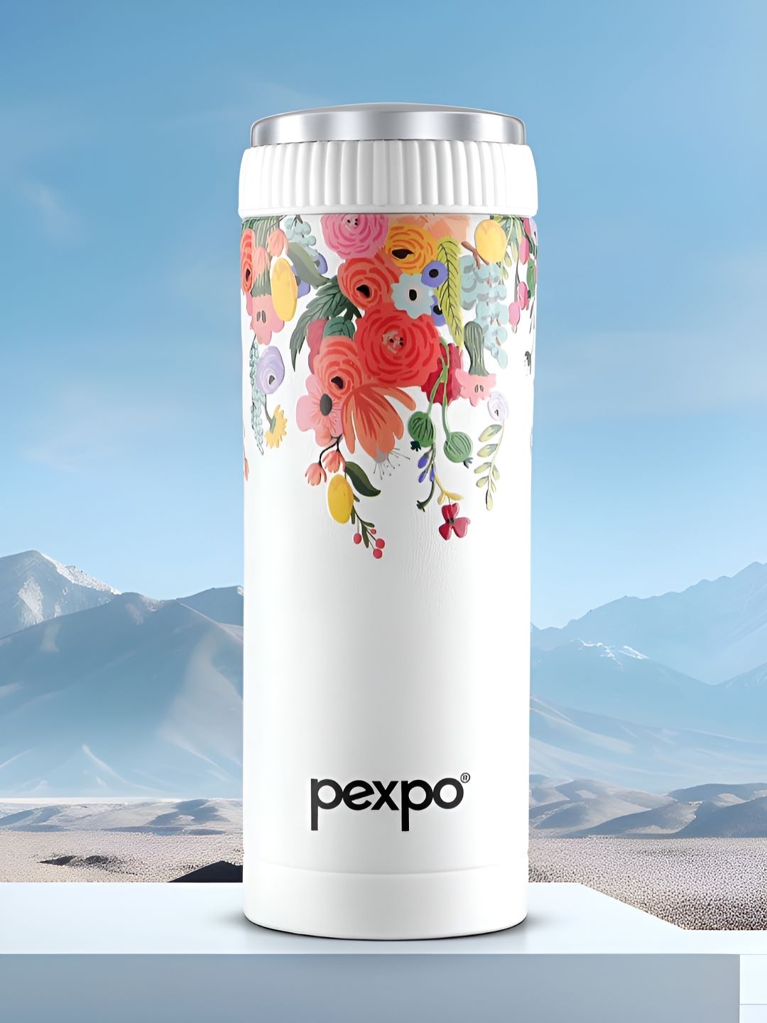 Pexpo White & Red Floral Printed Stainless Steel Double Wall Vacuum Water Bottle 500ML