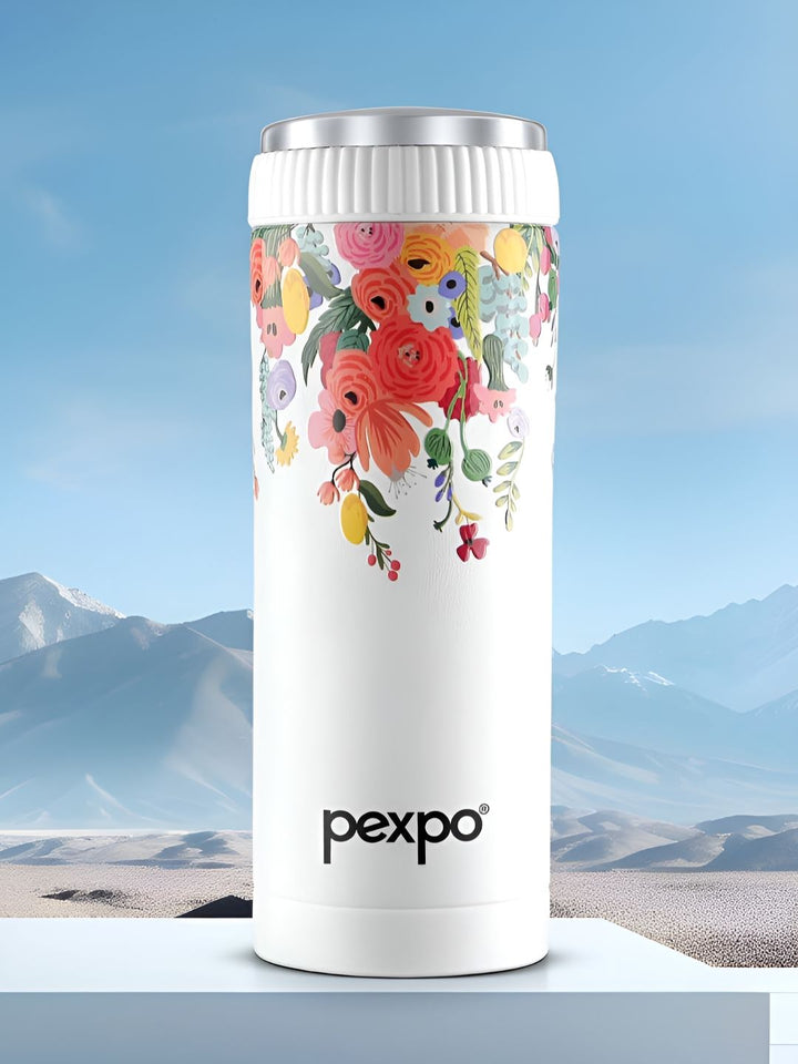 Pexpo White & Red Floral Printed Stainless Steel Double Wall Vacuum Water Bottle 500ML
