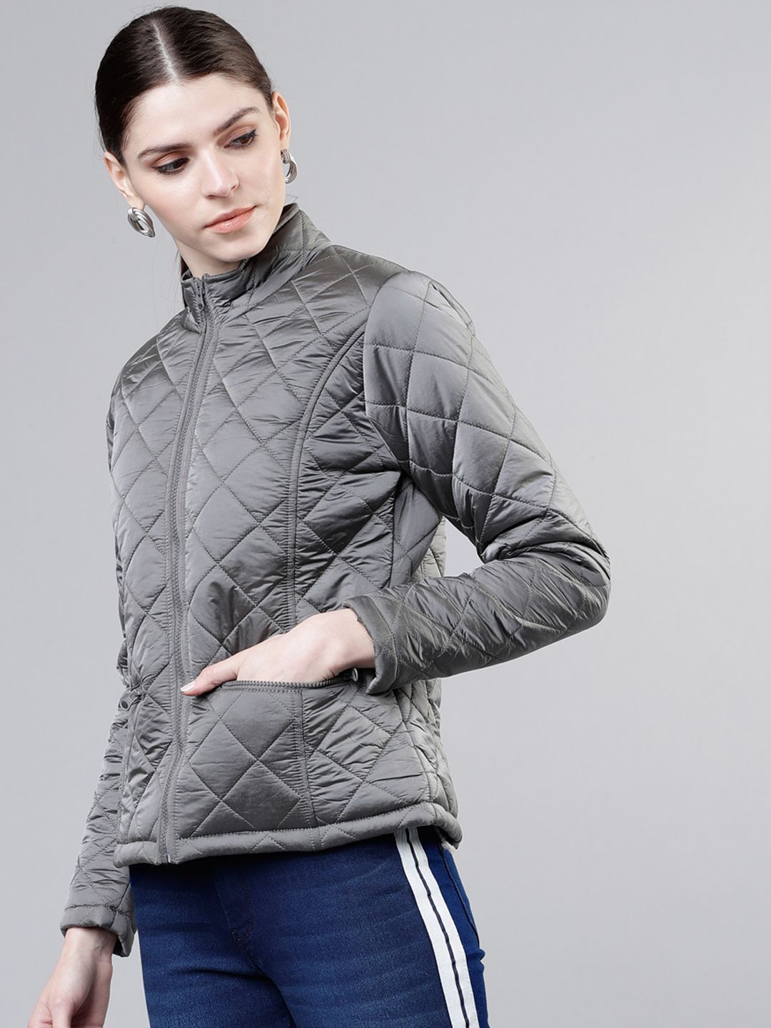 Tokyo Talkies Women Silver-Toned Solid Puffer Jacket