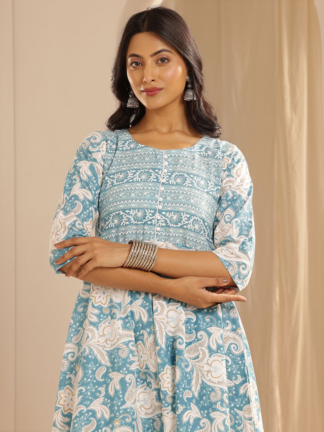 Libas Floral Printed Pure Cotton Anarkali Kurta with Trousers & Dupatta