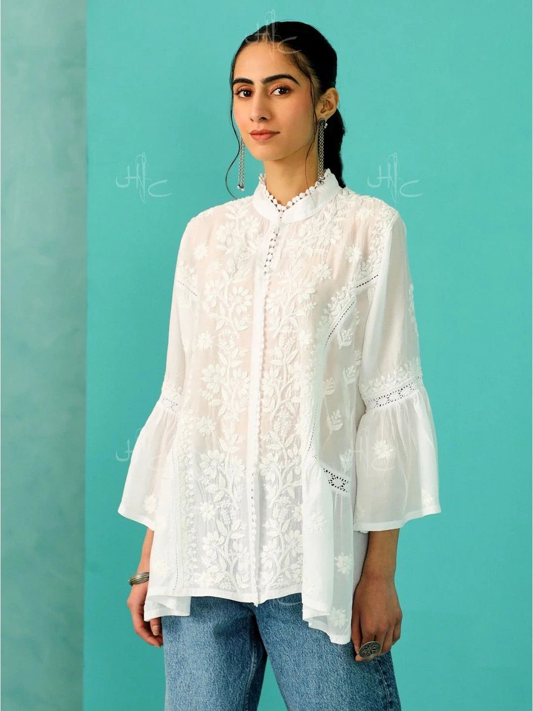 House of Chikankari Women Floral Embroidered Flared Sleeves Kurta