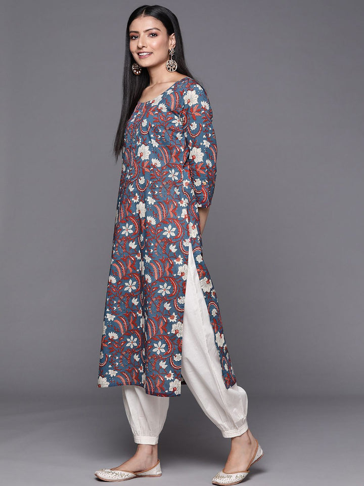 Varanga Women Blue & Maroon Floral Printed Indie Prints Kurta