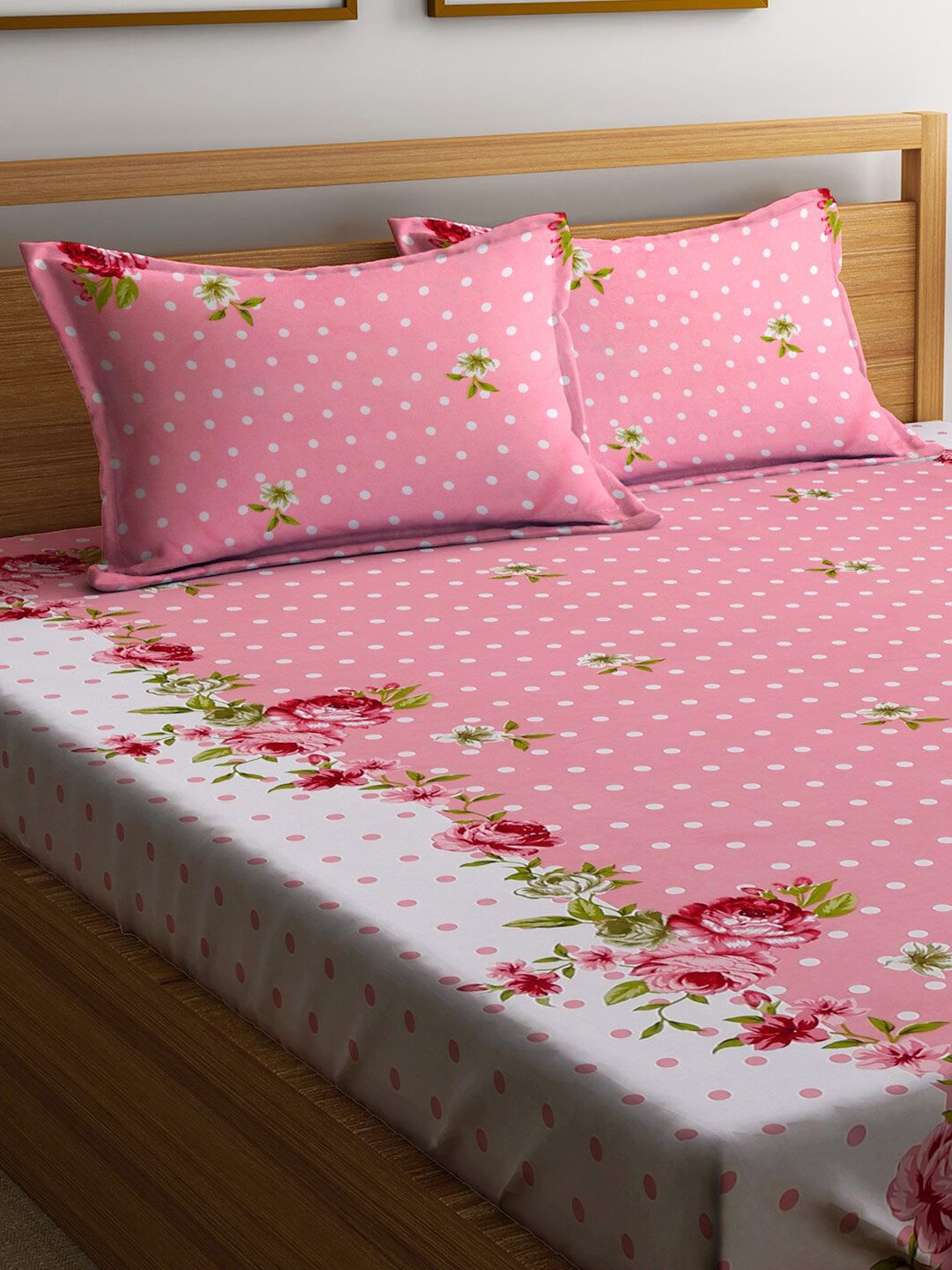 KLOTTHE Floral 300 TC Fitted Double King Bedsheet Set with 2 pillow covers
