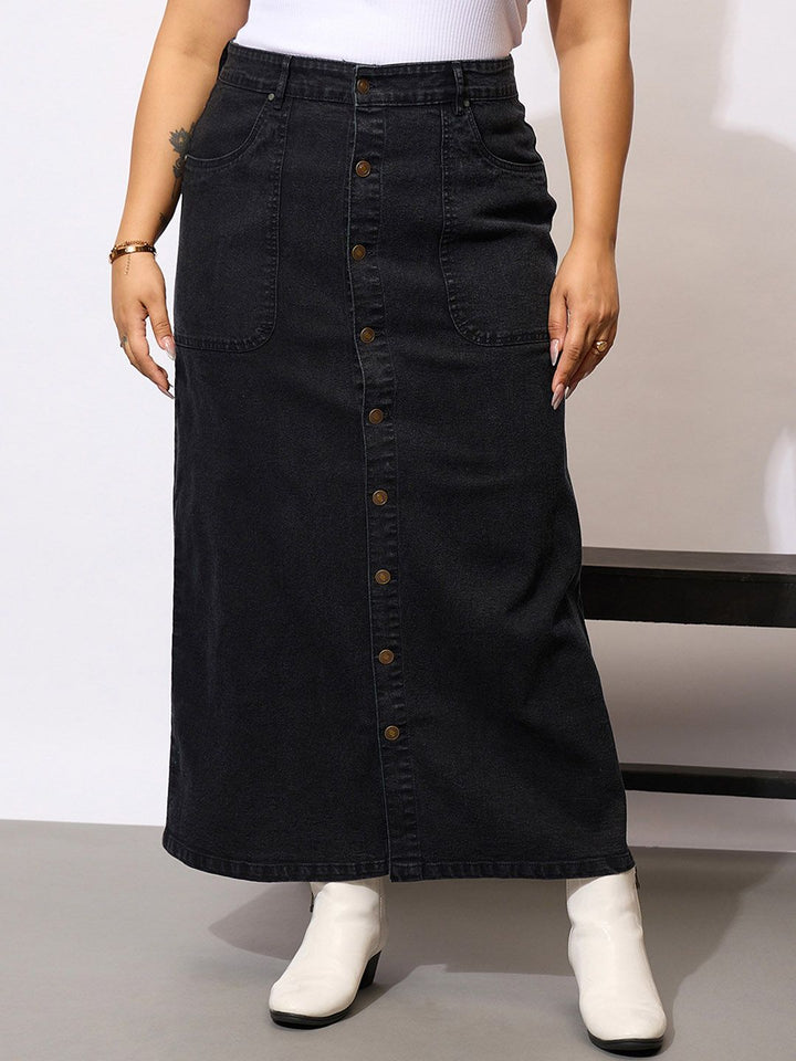 SASSAFRAS Curve  Acid Wash Front Button Skirt
