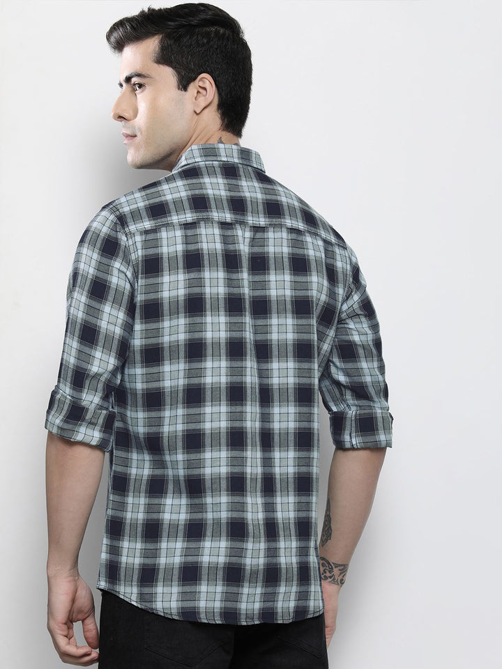 The Indian Garage Co Men Navy Blue Tartan Checked Regular Fit Cotton Casual Shirt