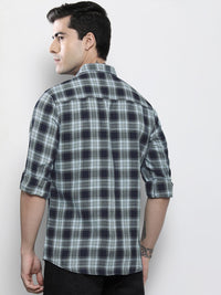The Indian Garage Co Men Navy Blue Tartan Checked Regular Fit Cotton Casual Shirt