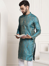 SOJANYA Men Teal & Gold-Toned Jacquard Kurta