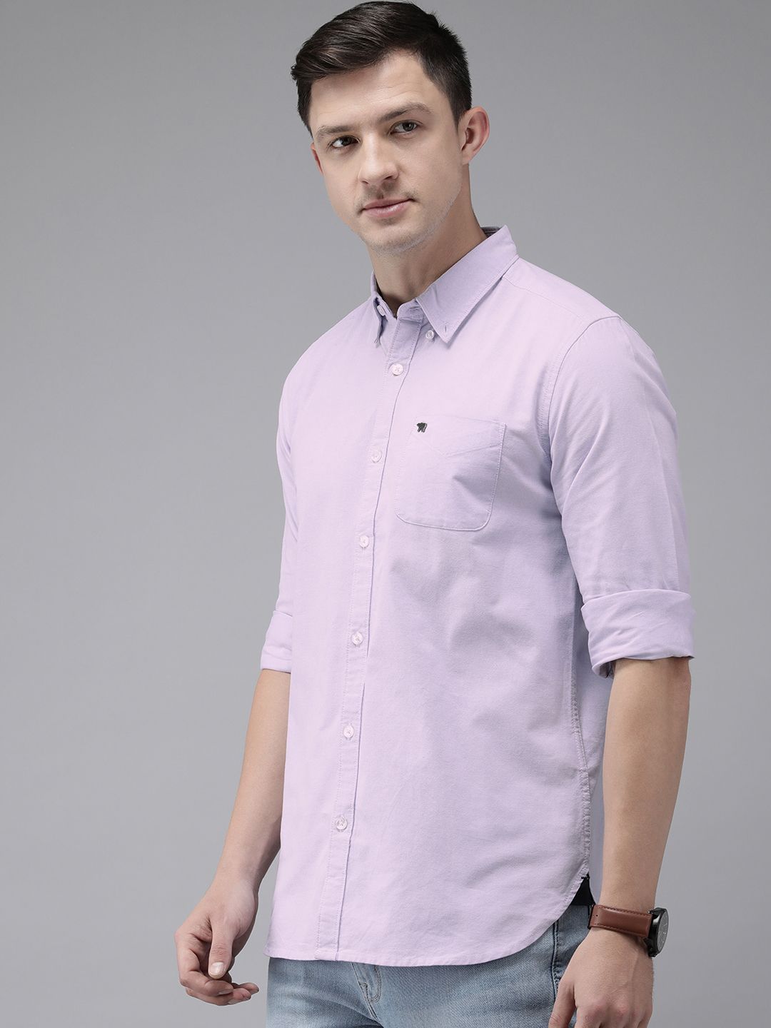 THE BEAR HOUSE Men Lavender Pure Cotton Solid Slim Fit Casual Shirt