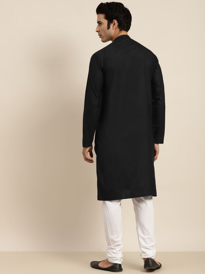 Anug by SOJANYA Men Black Thread Work Band Collar Pure Cotton Kurta
