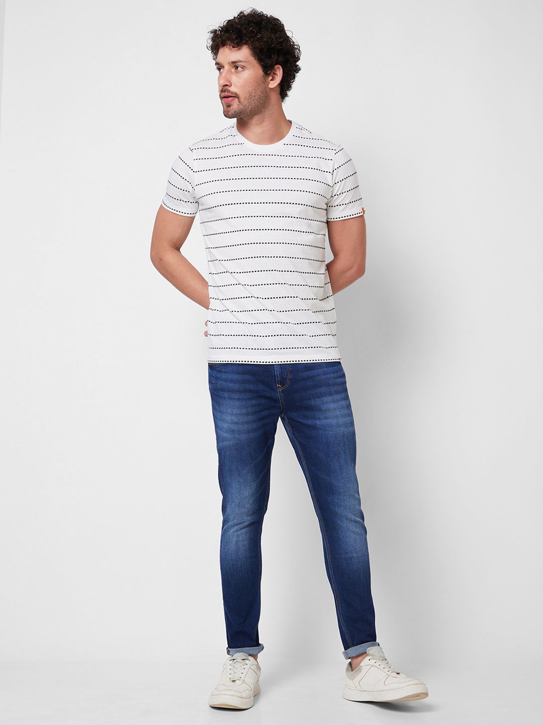 SPYKAR Round Neck Striped Cotton Slim Fit T-shirt