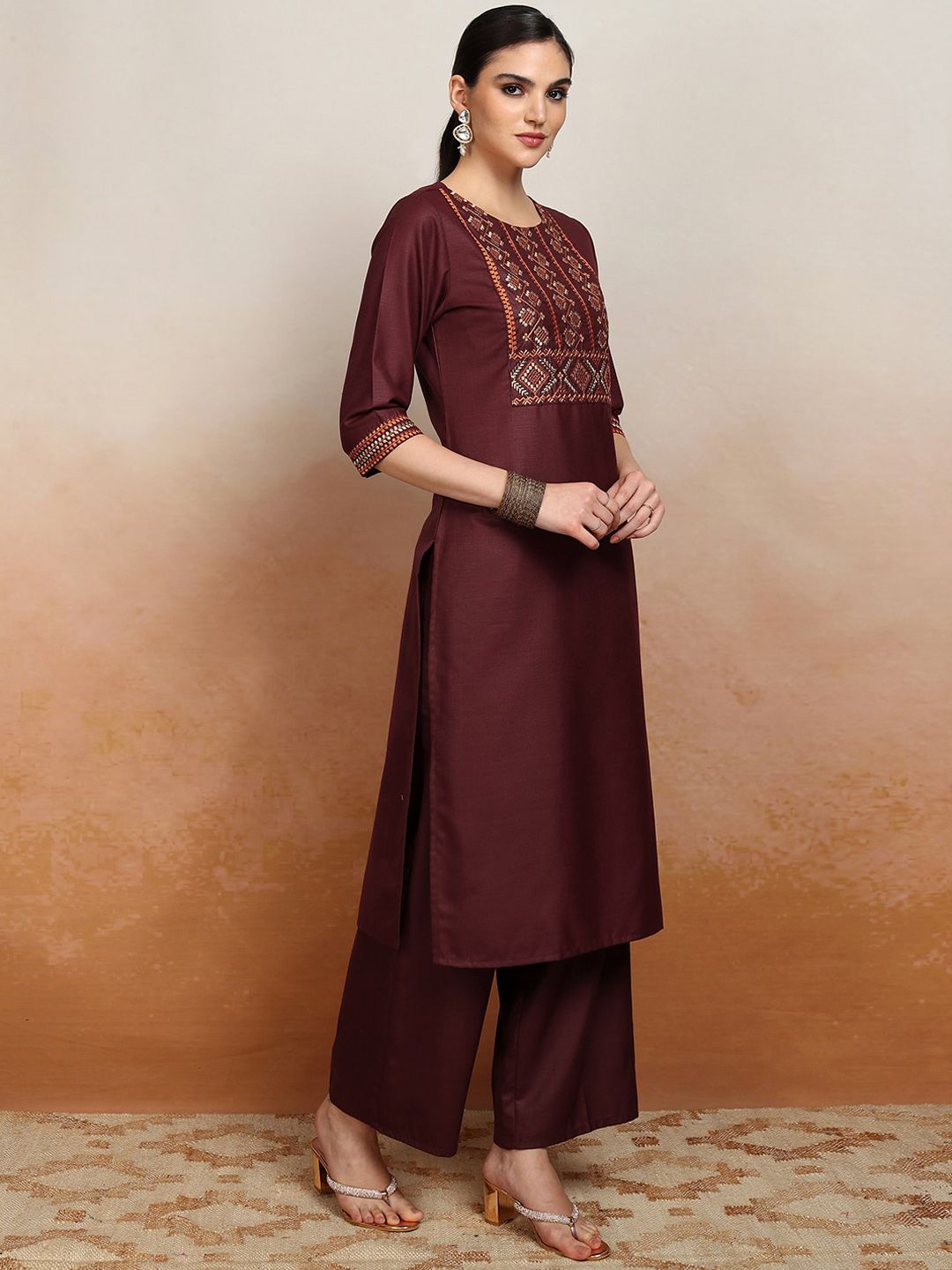 Vishudh Embroidered Rund Neck Straight Kurta & Palazzos With Dupatta