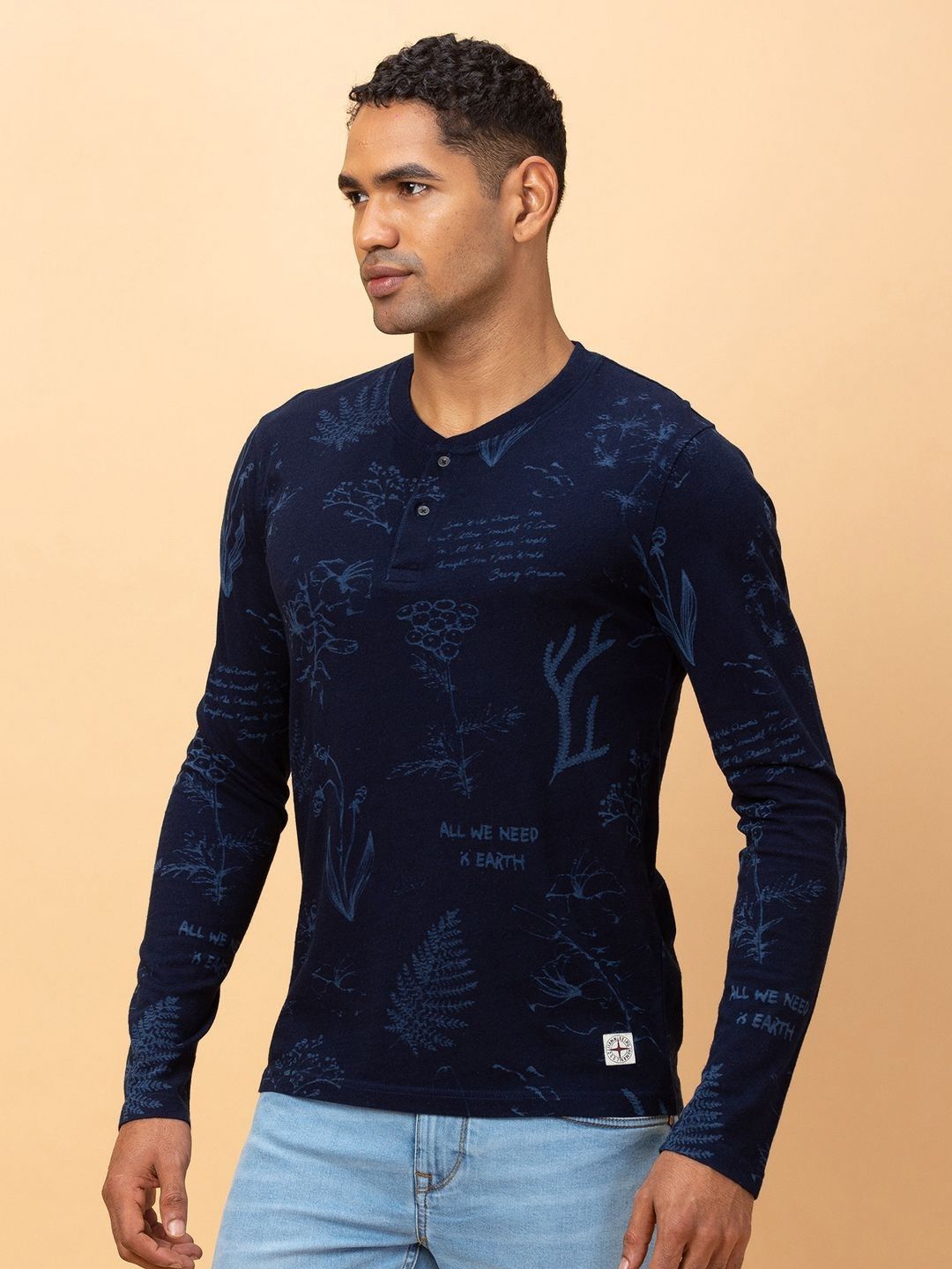 Being Human Pure Cotton Printed Henley Neck Raw Edge T-shirt