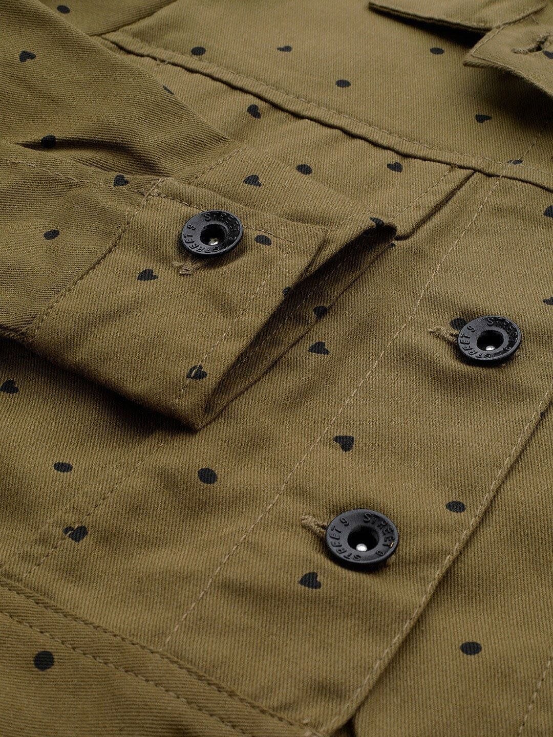 Street 9 Wanita Olive Hijau & Hitam Bercetak Jaket Denim Tanaman Cotton Lightweight