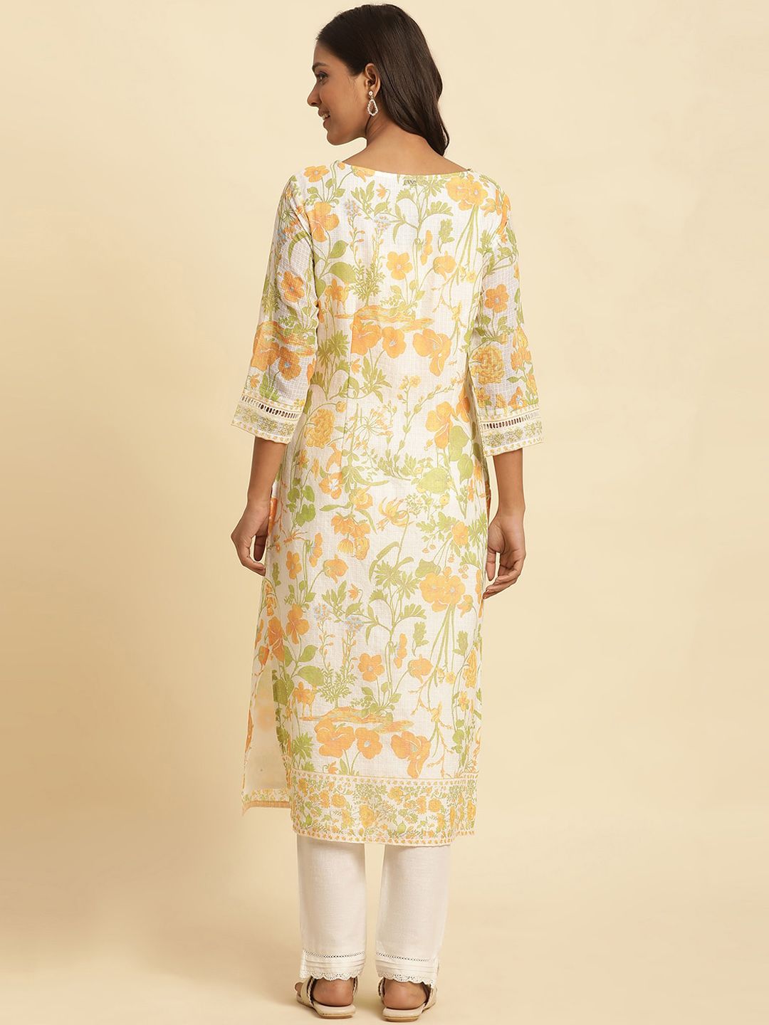 W Floral Printed Keyhole Neck Straight Kurta