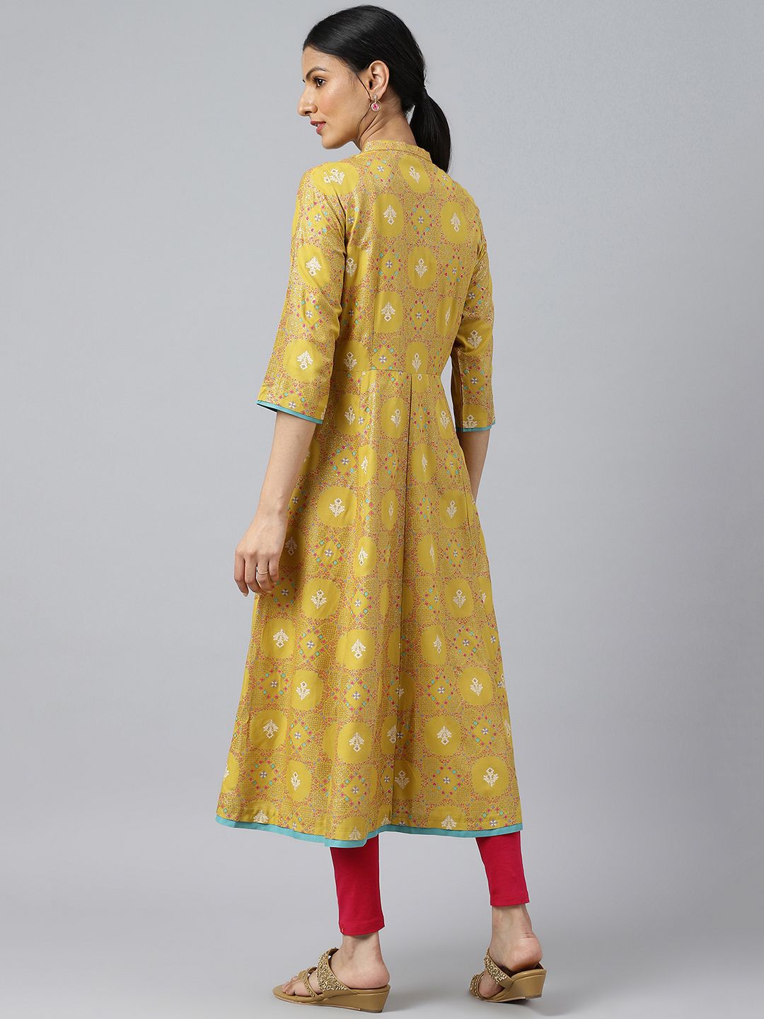 W Yellow Ethnic Motifs Printed Mandarin Collar Panelled A-Line Kurta