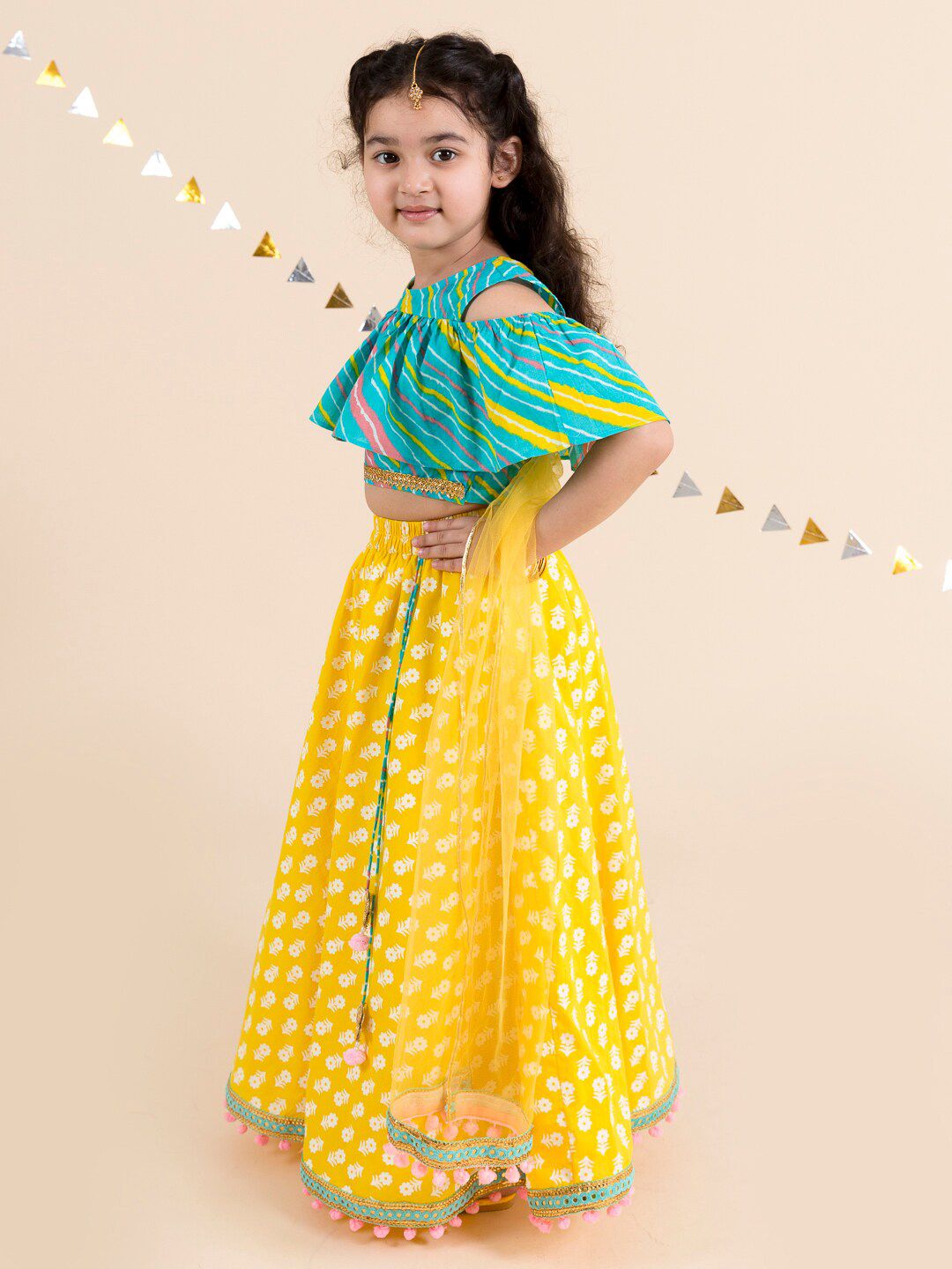 pspeaches Girls Yellow & Turquoise Blue Printed Ready to Wear Lehenga & Blouse With Dupatta