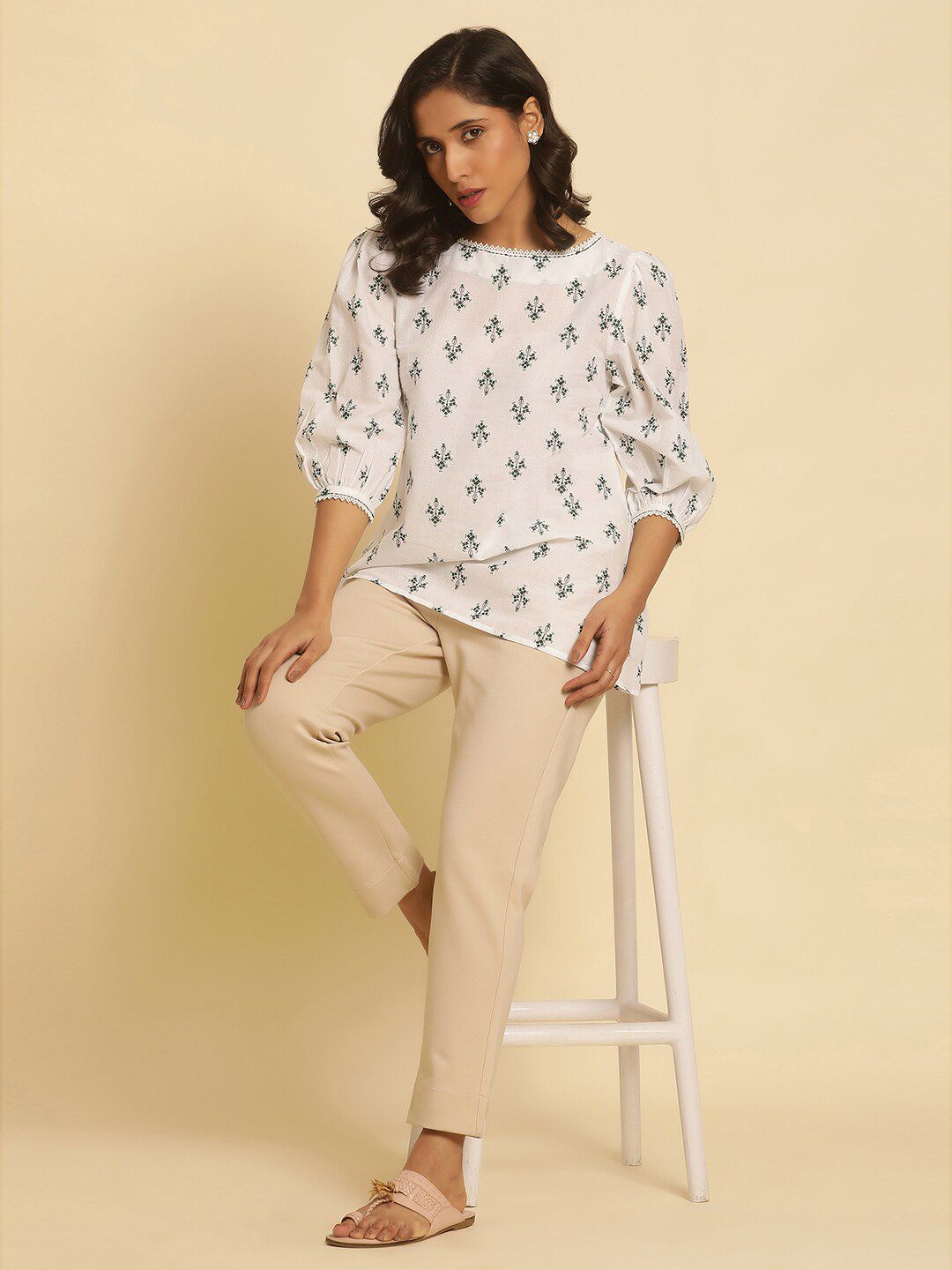 W Ethnic Motifs Printed Boat Neck Puff Sleeves Cotton Top