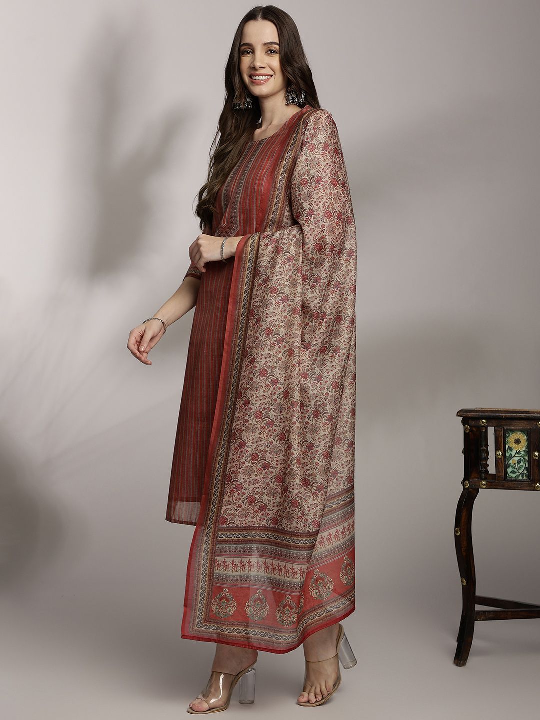 Anouk Women Striped Regular Kurta with Trousers & With Dupatta
