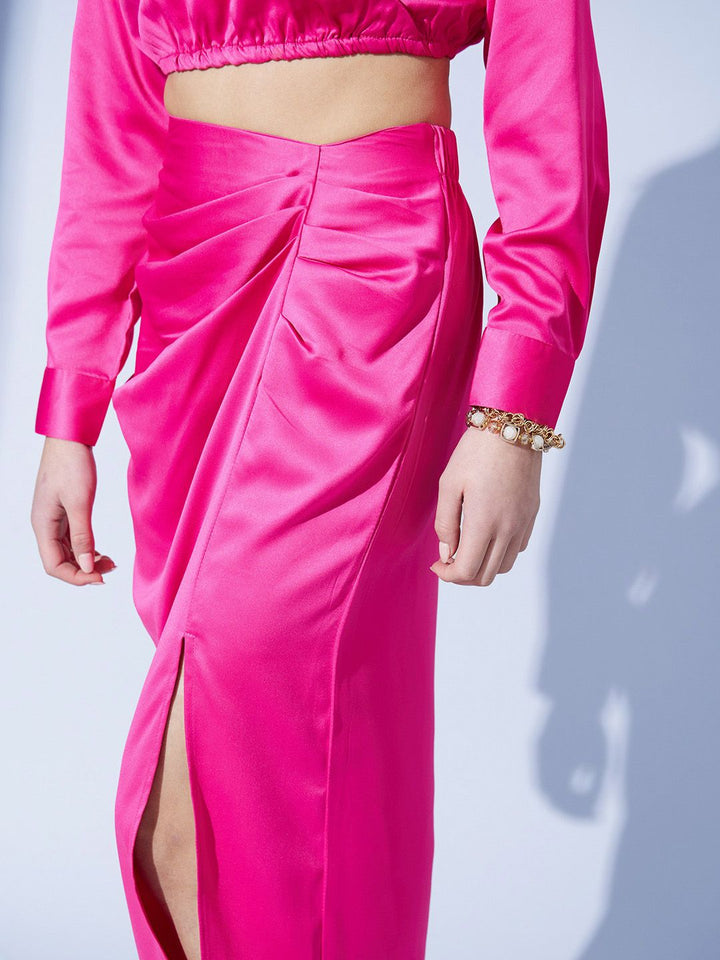 STREET 9 Fuchsia Pleated Satin Pencil Midi Skirt