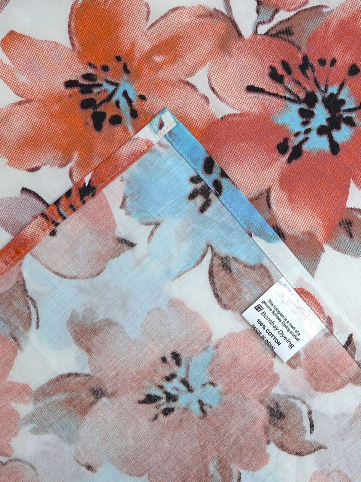 BOMBAY DYEING Allure Orange & White Printed 144 TC Pure Cotton Fitted Queen Bedsheet Set