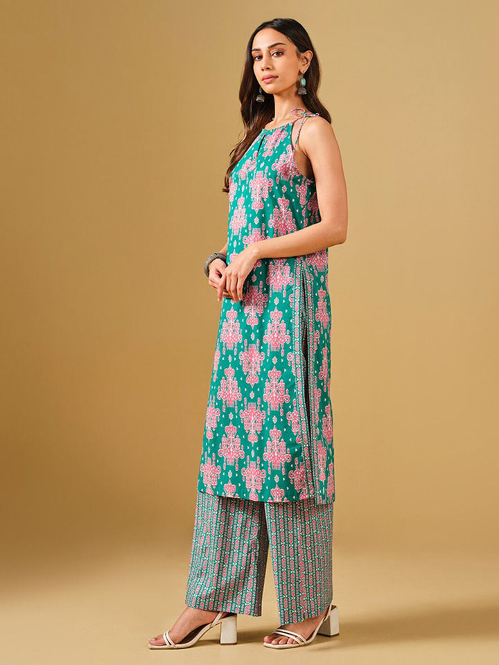 Global Desi Ethnic Motifs Printed Pure Cotton Straight Kurta with Palazzos