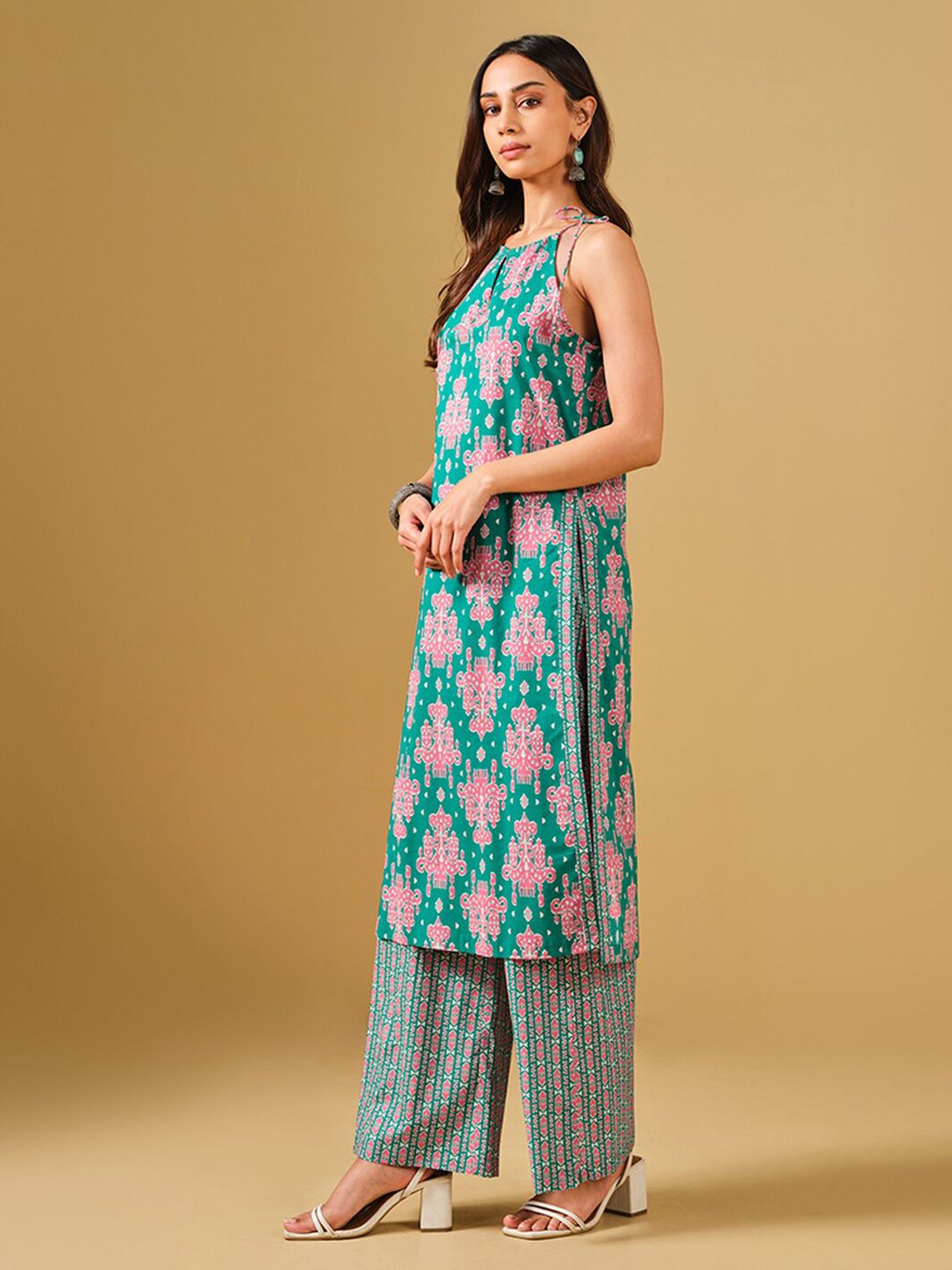 Global Desi Ethnic Motifs Printed Pure Cotton Straight Kurta with Palazzos