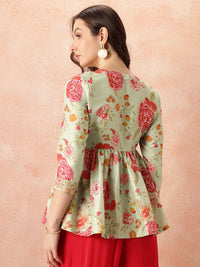 all about you Ethnic Motifs Printed Zari Work Pleated A-Line Kurti