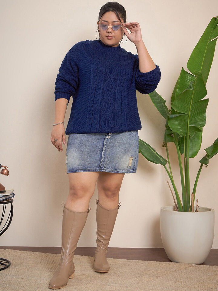 CURVY STREET Cable Knit Self Design Pullover Acrylic Sweater