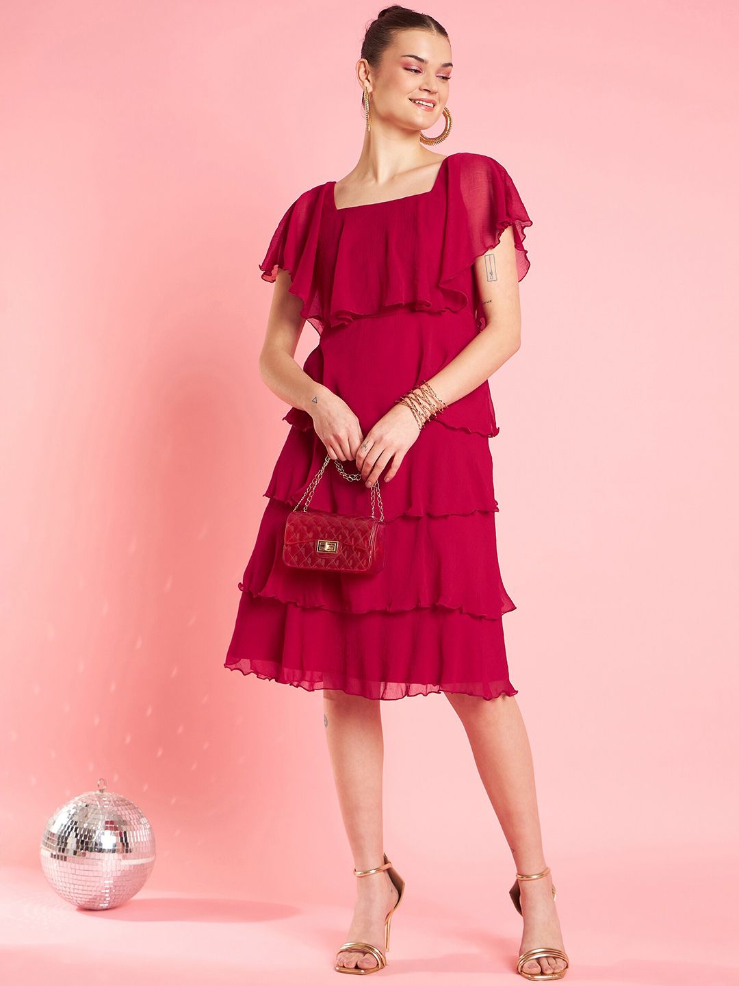 Antheaa Chiffon Gathered Or Pleated Fit & Flare Party Dress