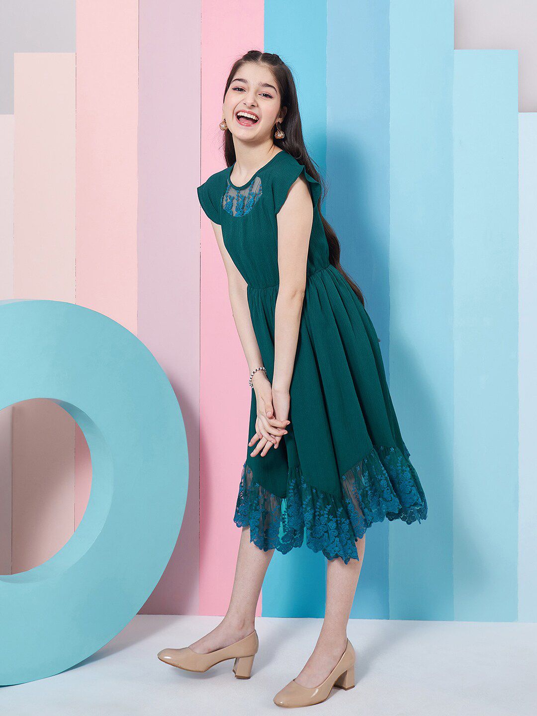 pspeaches Girls Extended Sleeve Lace Inserts Fit & Flare Dress