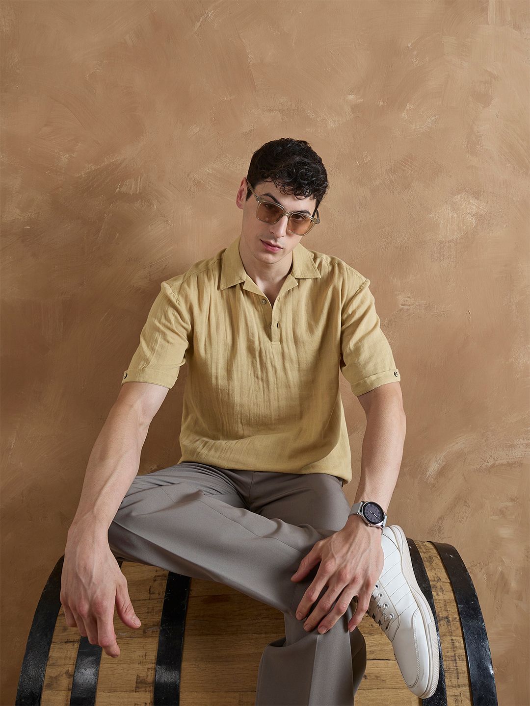 DENNISON Men Oversized Fit Solid Cuban Collar Casual Shirt